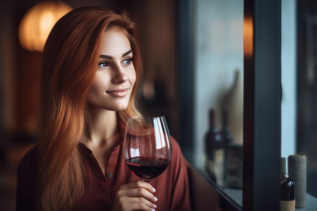 Foto de una mujer joven disfrutando de una copa de vino en casa creada con ai generativo