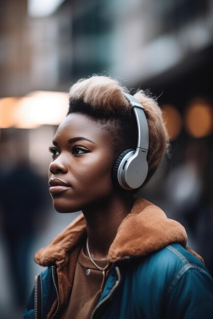 Foto de una mujer joven escuchando música mientras está en la ciudad.