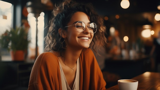 foto de mujer joven feliz cara sonrisa gafas café café espera amigo generado por IA