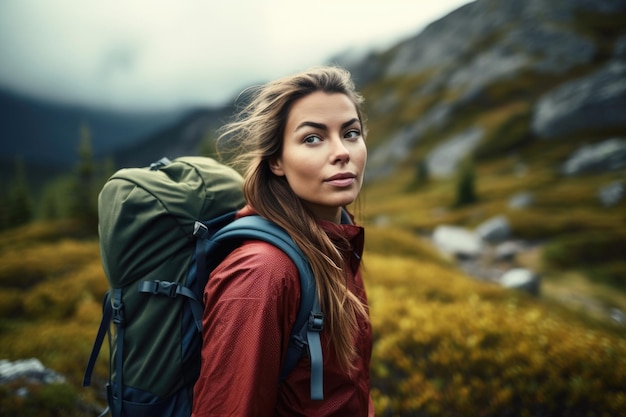 Foto de una mujer joven haciendo senderismo en las montañas creada con IA generativa