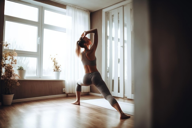 Foto de una mujer joven haciendo yoga en casa creada con IA generativa