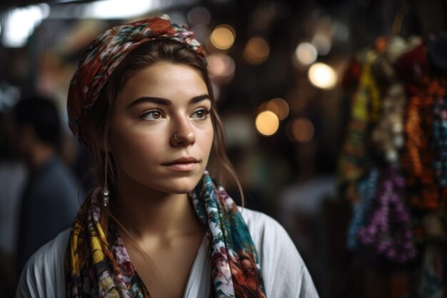 Foto foto de una mujer joven en un mercado.