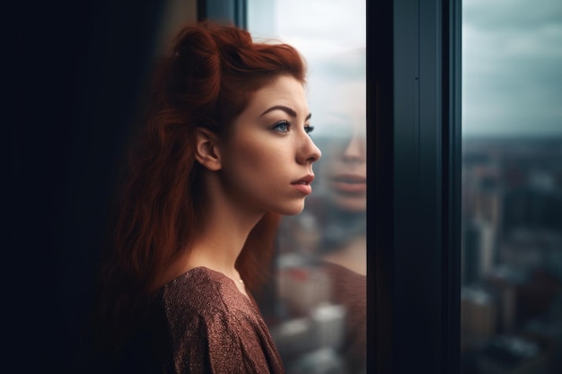 Foto de una mujer joven mirando la ciudad desde la ventana de un rascacielos