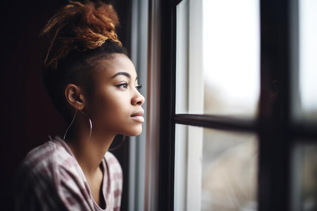 Foto de una mujer joven mirando por la ventana a su casa creada con IA generativa