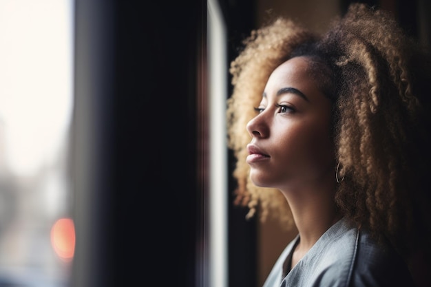 Foto de una mujer joven mirando por la ventana durante su clase de la tarde creada con ai generativo