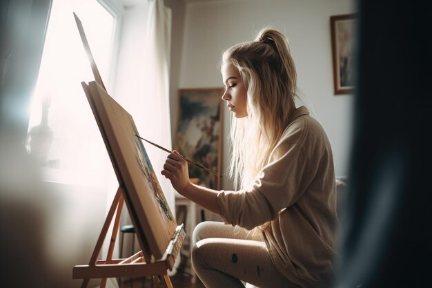 Foto de una mujer joven pintando en casa creada con ai generativo