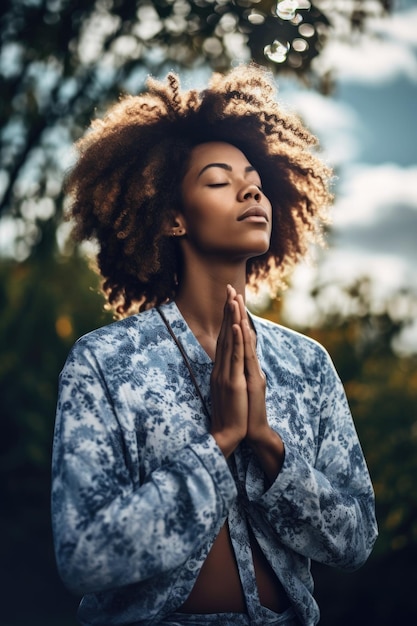 Foto de una mujer joven practicando yoga al aire libre