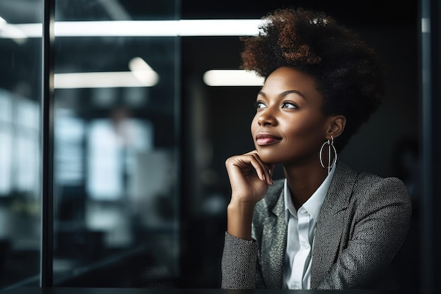 Foto de una mujer joven que disfruta de su día en el trabajo creada con IA generativa