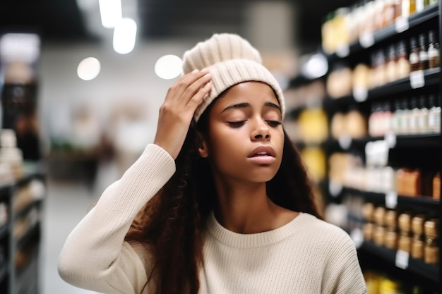 Foto de una mujer joven que experimenta dolor de cabeza mientras compra