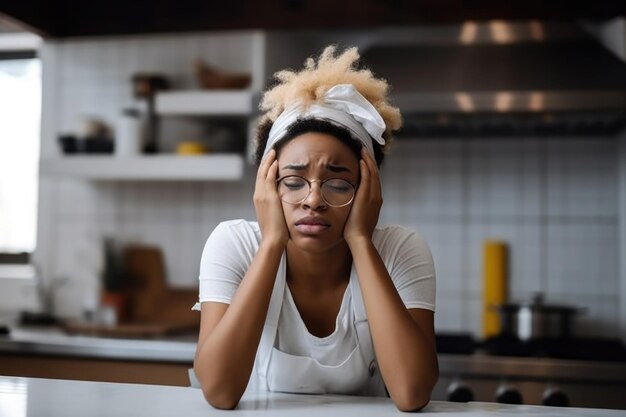 Foto de una mujer joven que parece estresada mientras limpia una cocina en casa creada con ai generativo
