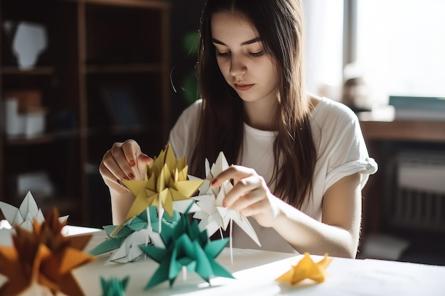 Foto de una mujer joven que trabaja en un proyecto de artesanía en papel creado con inteligencia artificial generativa