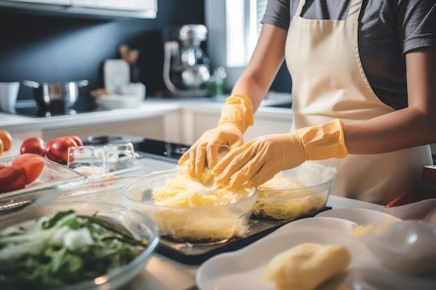 Una foto de una mujer joven que usa guantes de plástico mientras prepara alimentos creados con IA generativa