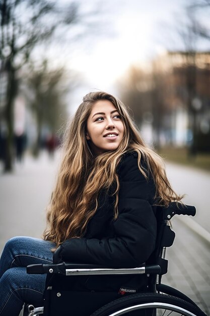 Foto foto de una mujer joven que usa su silla de ruedas afuera creada con ai generativa