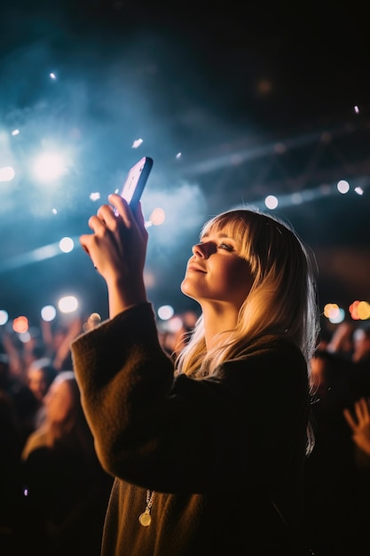 Foto de una mujer joven que usa su teléfono inteligente para tomar fotos en un concierto creado con ai generativo