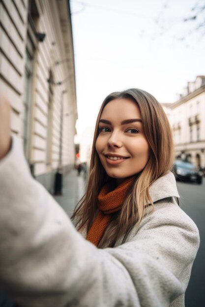 Foto de una mujer joven que usa su teléfono inteligente para tomar una selfie afuera creada con IA generativa