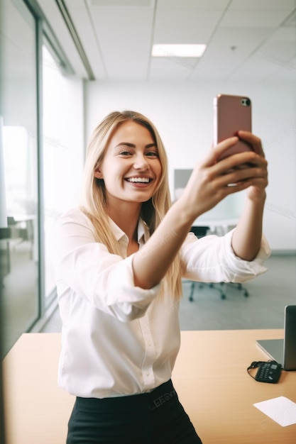 Foto de una mujer joven que usa su teléfono inteligente para tomar selfies en el trabajo creado con IA generativa