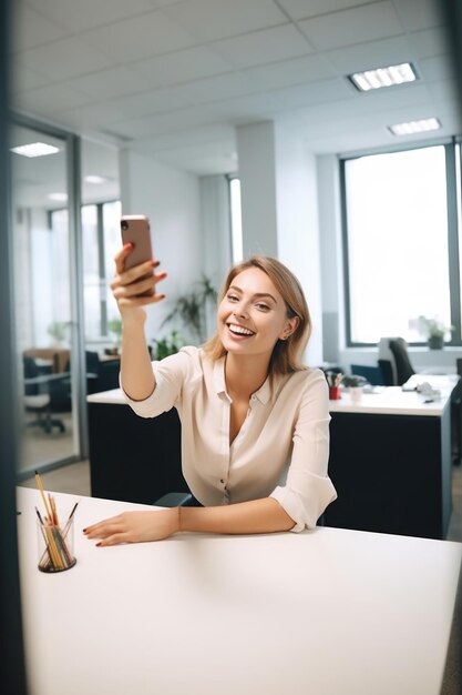 Foto de una mujer joven que usa su teléfono inteligente para tomar selfies en el trabajo creado con IA generativa