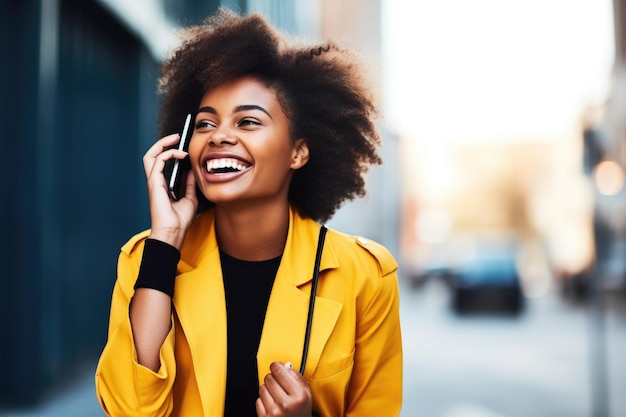 Foto de una mujer joven que se ve alegre mientras habla por su teléfono celular creada con ai generativa