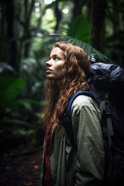 Foto de una mujer joven que visita la selva tropical de vacaciones creada con ai generativo