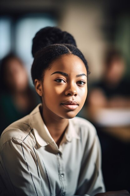 Foto de una mujer joven en un salón de clases durante su lección de educación