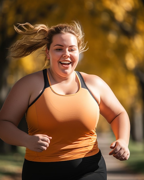 Una foto de una mujer joven con sobrepeso disfrutando de una carrera en el parque.