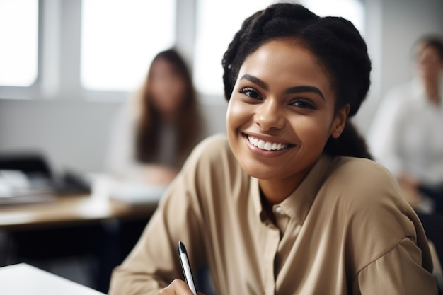 Foto de una mujer joven sonriendo a la cámara mientras toma notas en clase