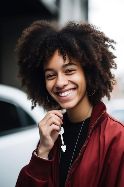 foto de una mujer joven sosteniendo las llaves de su auto y sonriendo a la cámara creada con inteligencia artificial generativa
