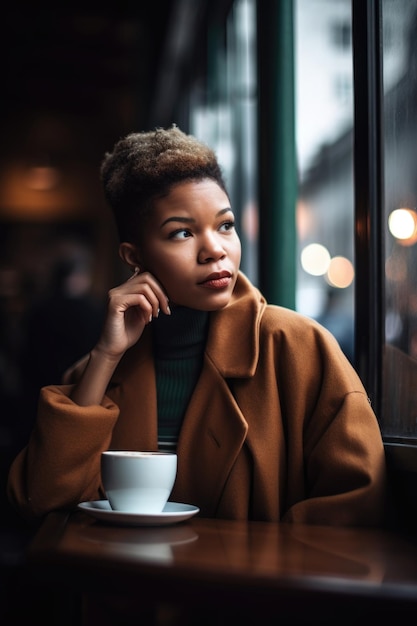 Foto de una mujer joven tomando un café en una cafetería de la ciudad