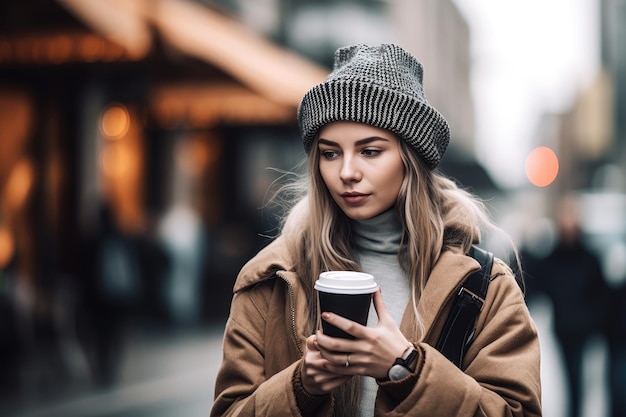 Foto de una mujer joven tomando café mientras mira su teléfono celular creado con ai generativo