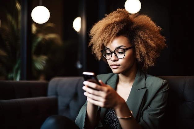 Foto de una mujer joven usando su teléfono celular mientras está sentada en el sofá