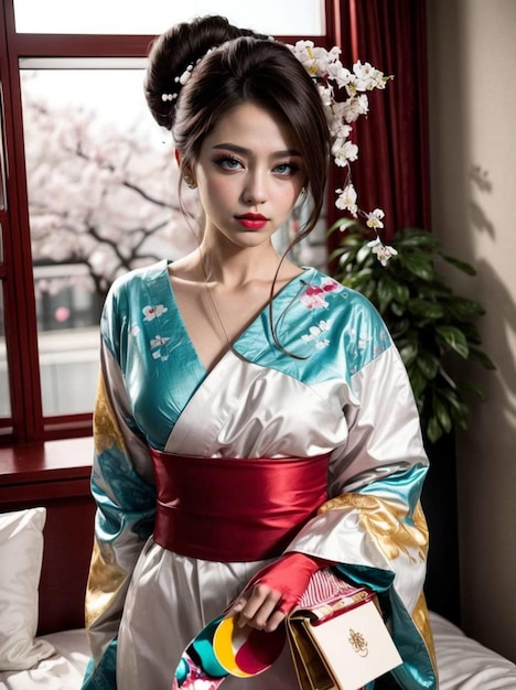 una foto de una mujer con un kimono japonés