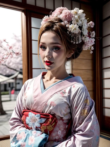 una foto de una mujer con un kimono japonés