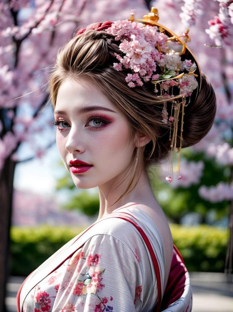 una foto de una mujer con un kimono japonés