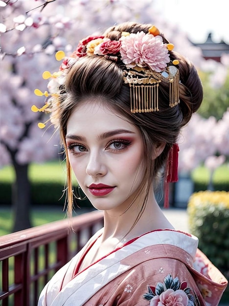 una foto de una mujer con un kimono japonés