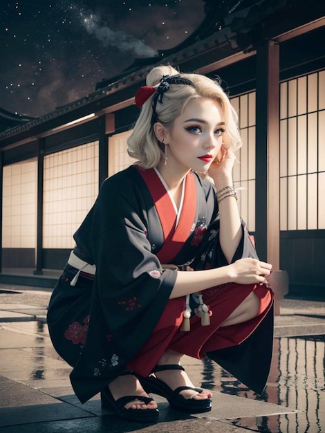 una foto de una mujer con un kimono japonés