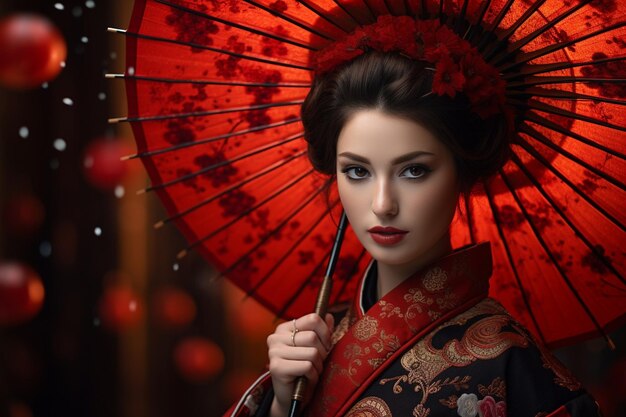 Foto foto de mujer con kimono y paraguas wagasa