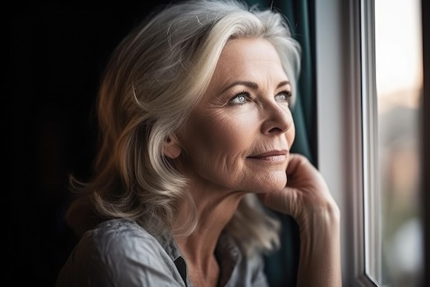 Foto de una mujer madura mirando por la ventana de su casa creada con IA generativa