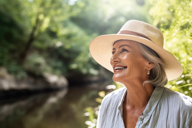 Foto de una mujer mayor disfrutando de su día en la naturaleza creada con IA generativa