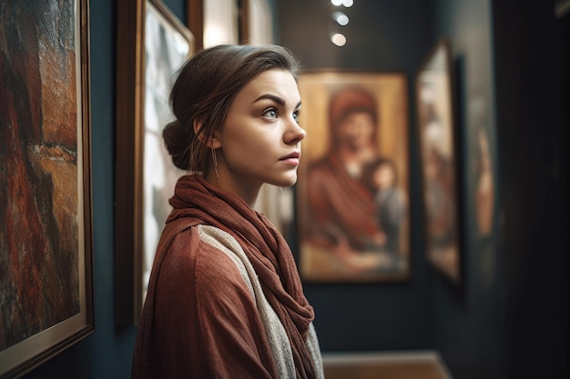 Foto de una mujer mirando una pintura en una galería de arte creada con IA generativa