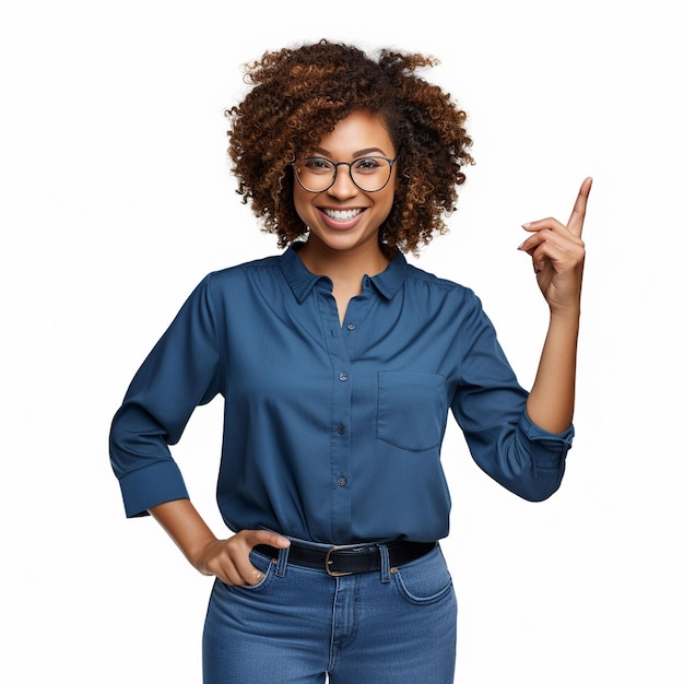 Foto de una mujer de negocios afroamericana señalando con un gesto del dedo