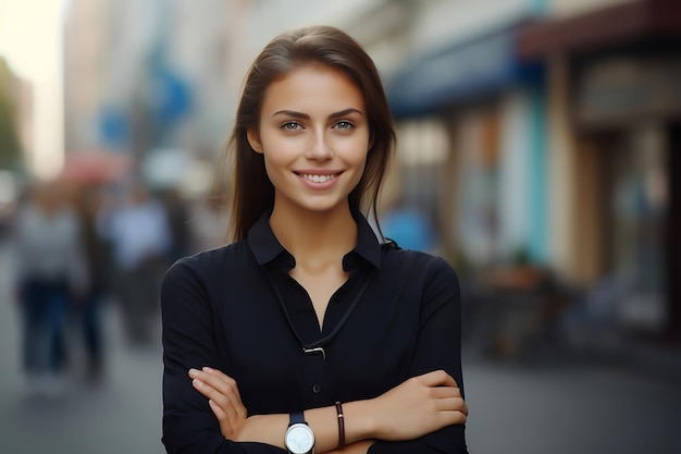 Foto de una mujer de negocios sonriente posando al aire libre con los brazos cruzados