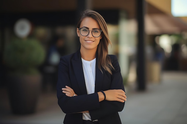 Foto de una mujer de negocios sonriente posando al aire libre con los brazos cruzados