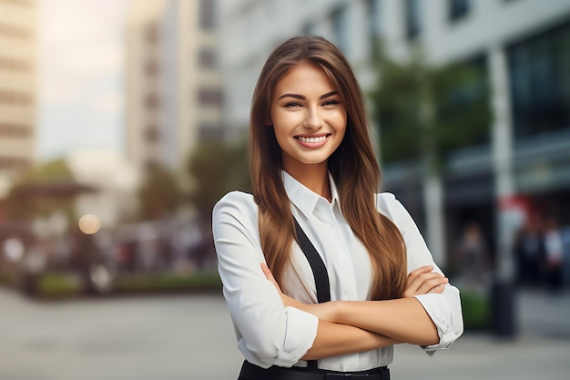 Foto de una mujer de negocios sonriente posando al aire libre con los brazos cruzados