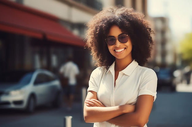 Foto de una mujer de negocios sonriente posando al aire libre con los brazos cruzados