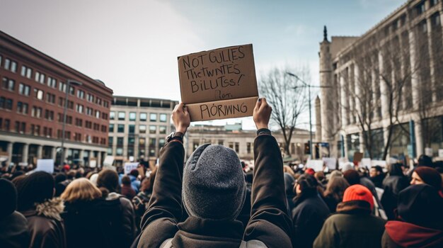 Foto de una mujer negra y una multitud de personas manifestándose contra el racismo en las calles de la ciudad generada por la IA