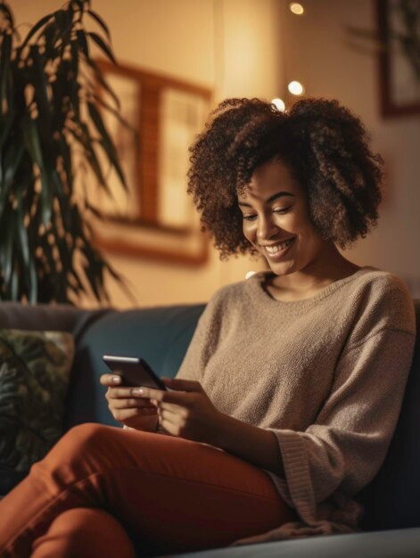 Foto de una mujer negra sentada en un sofá en casa y escribiendo en su teléfono Generada por IA