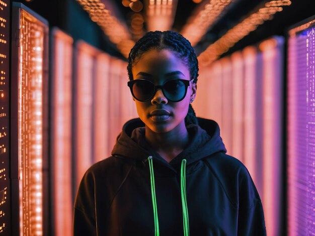 foto de una mujer negra con sudadera con capucha negra en la sala del centro de datos del servidor con IA generativa de luz de neón