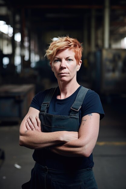 Foto de una mujer de pie con los brazos cruzados en un entorno industrial