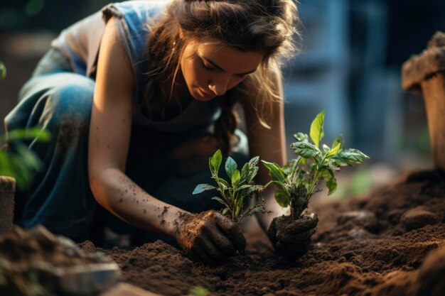 Foto de una mujer plantando semillas de árboles