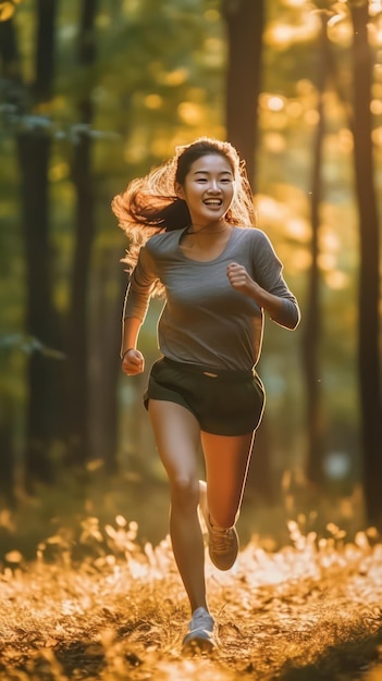 foto de una mujer rubia sonriendo corriendo por un parque usando ropa deportiva